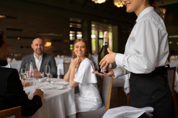 Chelneriță servește șampanie unui cuplu la restaurant
