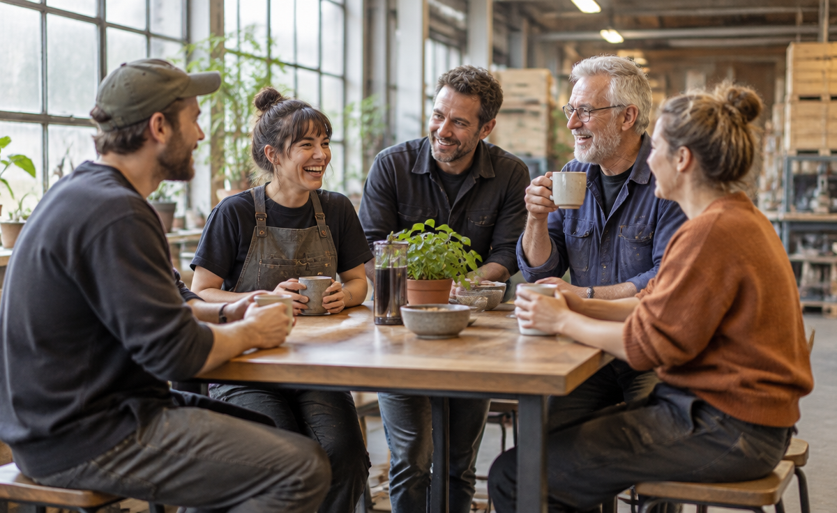 Angajați dintr-un atelier mic de producție iau o pauză de cafea într-o zonă luminoasă de relaxare, lângă o fereastră mare, cu plante și mese înalte