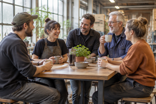 Angajați dintr-un atelier mic de producție iau o pauză de cafea într-o zonă luminoasă de relaxare, lângă o fereastră mare, cu plante și mese înalte